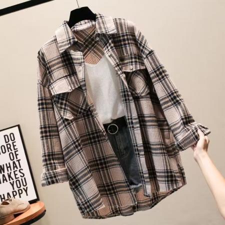 秋季新款大码女装格子衬衫时尚百搭休闲宽松衬衣格子衬衫 服裝批發女裝批發服飾貨源