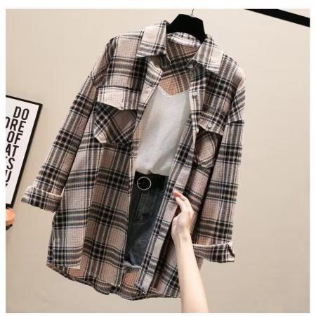 秋季新款大码女装格子衬衫时尚百搭休闲宽松衬衣格子衬衫 服裝批發女裝批發服飾貨源