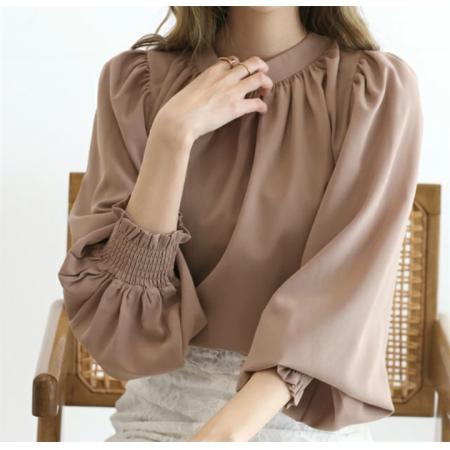 秋装新款韩国上衣乐天速干不易皱圆高领泡泡袖雪纺衬衫 服裝批發女裝批發服飾貨源