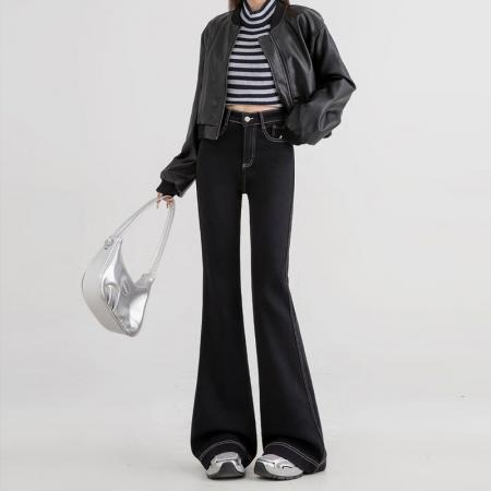 小个子梨形身材胖mm喇叭裤女黑色大码微喇裤高腰显瘦马蹄牛仔裤子 服裝批發女裝批發服飾貨源