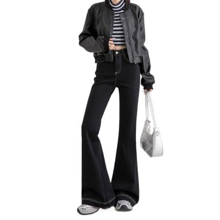 小个子梨形身材胖mm喇叭裤女黑色大码微喇裤高腰显瘦马蹄牛仔裤子 服裝批發女裝批發服飾貨源