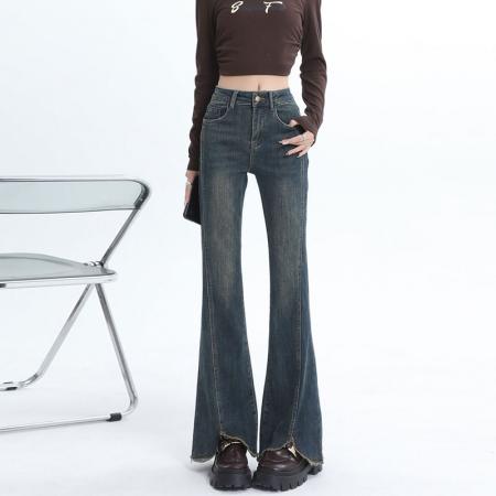 新款水泥灰毛边微喇牛仔裤女秋冬大码胖mm高腰显瘦百搭喇叭裤 服裝批發女裝批發服飾貨源