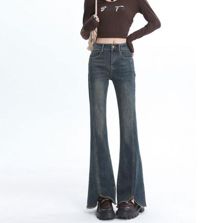 新款水泥灰毛边微喇牛仔裤女秋冬大码胖mm高腰显瘦百搭喇叭裤 服裝批發女裝批發服飾貨源