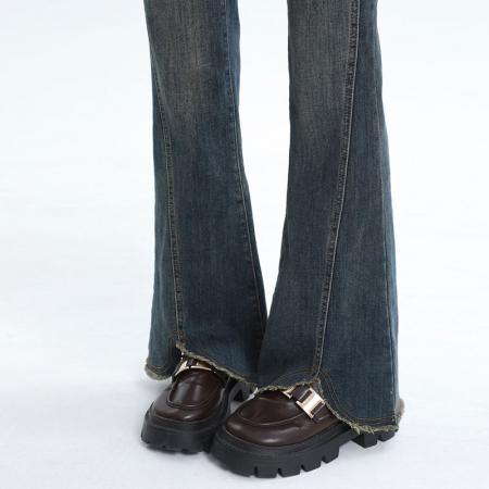 新款水泥灰毛边微喇牛仔裤女秋冬大码胖mm高腰显瘦百搭喇叭裤 服裝批發女裝批發服飾貨源