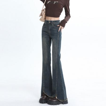 新款水泥灰毛边微喇牛仔裤女秋冬大码胖mm高腰显瘦百搭喇叭裤 服裝批發女裝批發服飾貨源