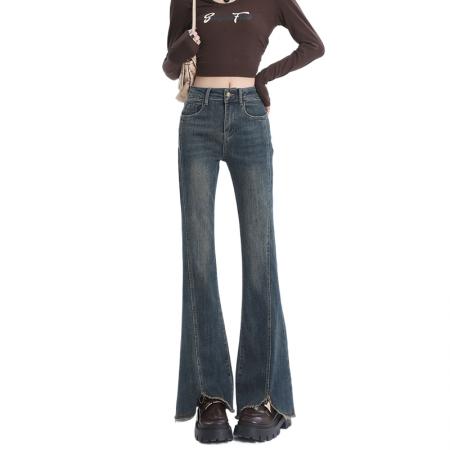 新款水泥灰毛边微喇牛仔裤女秋冬大码胖mm高腰显瘦百搭喇叭裤 服裝批發女裝批發服飾貨源