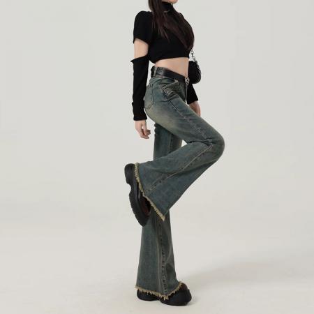 秋冬大码胖mm新款微喇叭阔腿时尚显瘦牛仔裤女装低腰垂感拖地裤子 服裝批發女裝批發服飾貨源