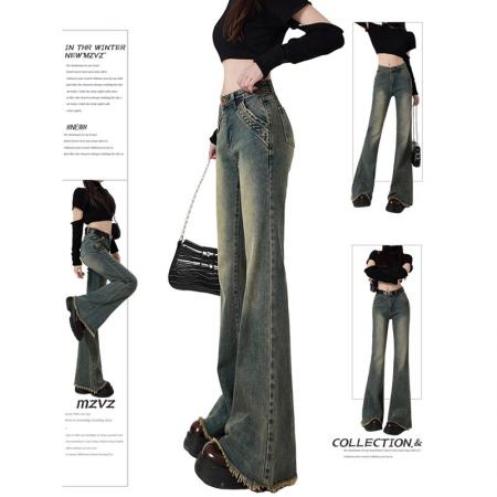 秋冬大码胖mm新款微喇叭阔腿时尚显瘦牛仔裤女装低腰垂感拖地裤子 服裝批發女裝批發服飾貨源