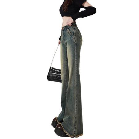 秋冬大码胖mm新款微喇叭阔腿时尚显瘦牛仔裤女装低腰垂感拖地裤子 服裝批發女裝批發服飾貨源