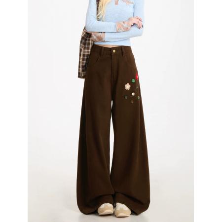 花朵纽扣直筒工装裤女复古潮牌设计感阔腿垂感显瘦牛仔裤休闲裤 服裝批發女裝批發服飾貨源