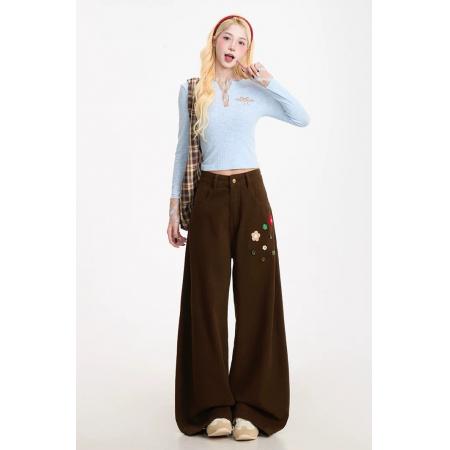 花朵纽扣直筒工装裤女复古潮牌设计感阔腿垂感显瘦牛仔裤休闲裤 服裝批發女裝批發服飾貨源