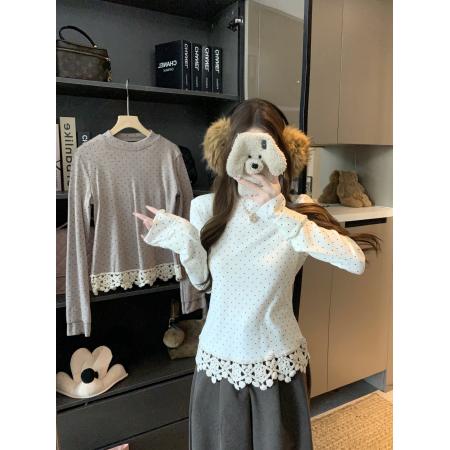 ～秋冬百搭上衣波点花边拼接半高领打底衫 服裝批發女裝批發服飾貨源
