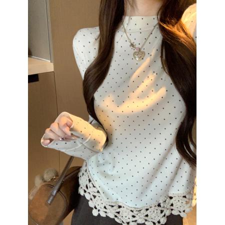 ～秋冬百搭上衣波点花边拼接半高领打底衫 服裝批發女裝批發服飾貨源