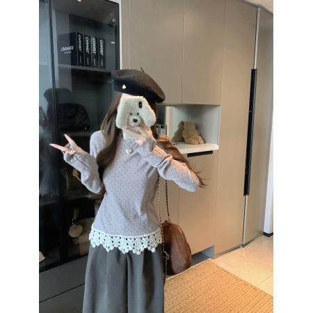 ～秋冬百搭上衣波点花边拼接半高领打底衫 服裝批發女裝批發服飾貨源