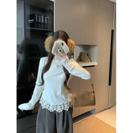 ～秋冬百搭上衣波点花边拼接半高领打底衫 服裝批發女裝批發服飾貨源