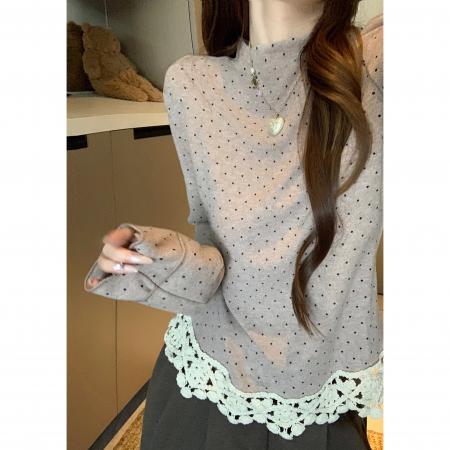 ～秋冬百搭上衣波点花边拼接半高领打底衫 服裝批發女裝批發服飾貨源