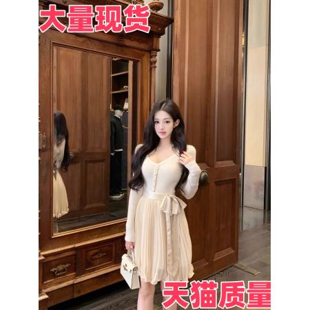 温柔风气质针织连衣裙女装秋季长袖v领收腰裙子蝴蝶结百褶a字短裙 服裝批發女裝批發服飾貨源