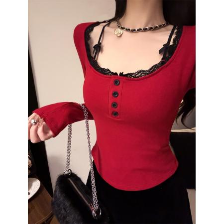 纯欲风设计感蕾丝拼接有胸垫假两件长袖打底衫上衣T恤 服裝批發女裝批發服飾貨源