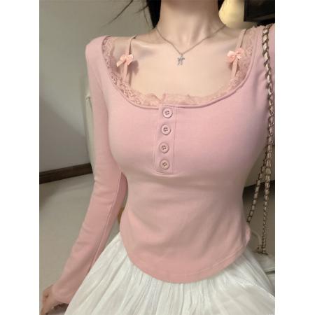 纯欲风设计感蕾丝拼接有胸垫假两件长袖打底衫上衣T恤 服裝批發女裝批發服飾貨源