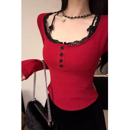 纯欲风设计感蕾丝拼接有胸垫假两件长袖打底衫上衣T恤 服裝批發女裝批發服飾貨源