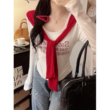 美式辣妹圆领长袖T恤设计感内搭修身打底衫短款上衣潮 服裝批發女裝批發服飾貨源