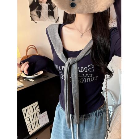 美式辣妹圆领长袖T恤设计感内搭修身打底衫短款上衣潮 服裝批發女裝批發服飾貨源