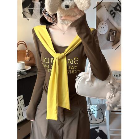 美式辣妹圆领长袖T恤设计感内搭修身打底衫短款上衣潮 服裝批發女裝批發服飾貨源