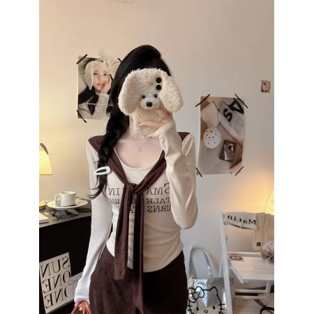 美式辣妹圆领长袖T恤设计感内搭修身打底衫短款上衣潮 服裝批發女裝批發服飾貨源