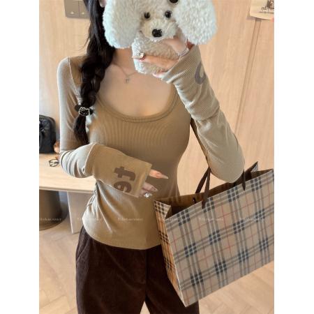 新款字母印花打底衫纯色修身型显瘦U领内搭长袖T恤女 服裝批發女裝批發服飾貨源