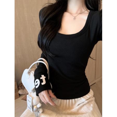 新款字母印花打底衫纯色修身型显瘦U领内搭长袖T恤女 服裝批發女裝批發服飾貨源
