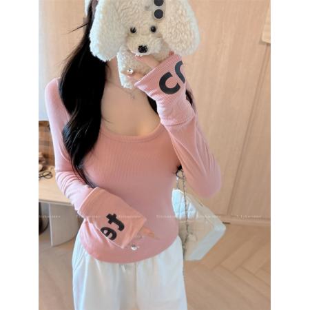 新款字母印花打底衫纯色修身型显瘦U领内搭长袖T恤女 服裝批發女裝批發服飾貨源