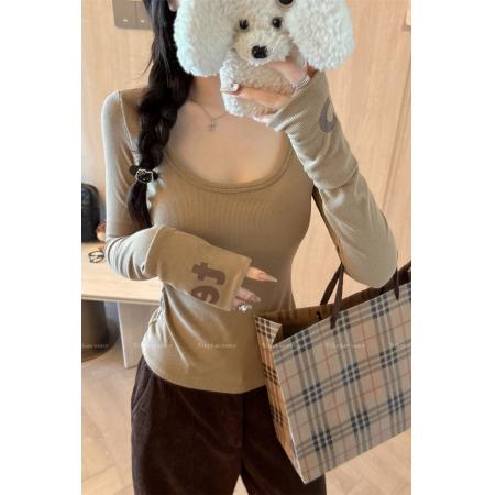 新款字母印花打底衫纯色修身型显瘦U领内搭长袖T恤女 服裝批發女裝批發服飾貨源