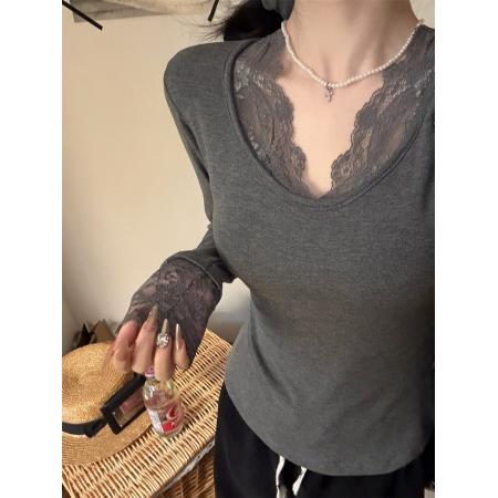 纯欲风蕾丝拼接V领长袖t恤新款性感辣妹打底衫内搭潮 服裝批發女裝批發服飾貨源