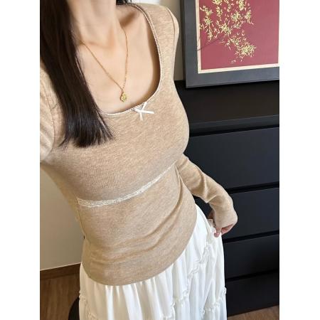 纯欲风蕾丝花边拼接长袖秋冬新款修身显瘦保暖内搭上衣 服裝批發女裝批發服飾貨源