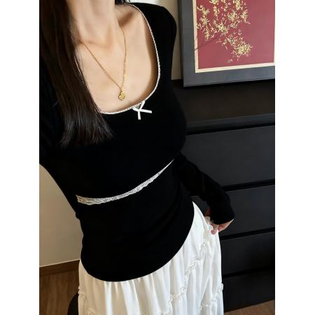 纯欲风蕾丝花边拼接长袖秋冬新款修身显瘦保暖内搭上衣 服裝批發女裝批發服飾貨源