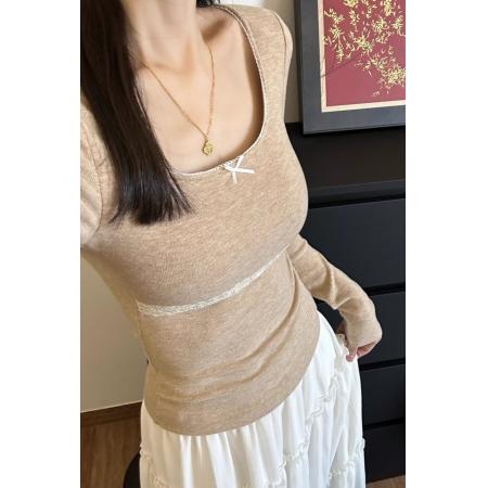 纯欲风蕾丝花边拼接长袖秋冬新款修身显瘦保暖内搭上衣 服裝批發女裝批發服飾貨源