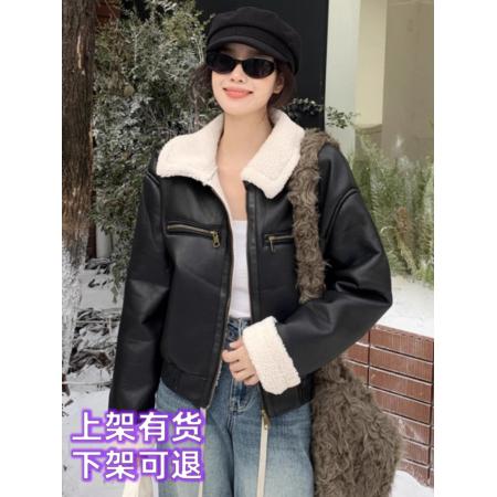 韩版宽松百搭美拉德加绒加厚羊羔毛剪绒皮毛一体pu皮外套机车服 服裝批發女裝批發服飾貨源