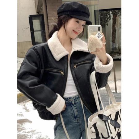 韩版宽松百搭美拉德加绒加厚羊羔毛剪绒皮毛一体pu皮外套机车服 服裝批發女裝批發服飾貨源