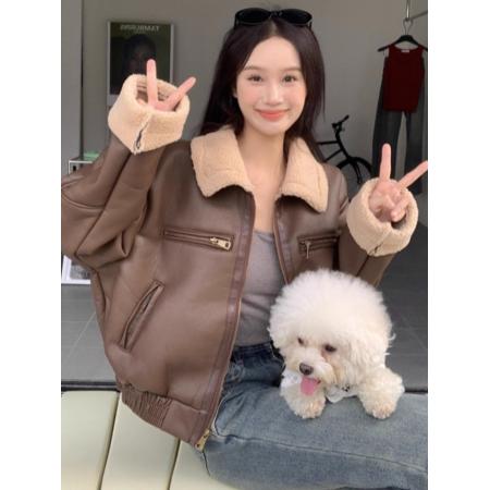 韩版宽松百搭美拉德加绒加厚羊羔毛剪绒皮毛一体pu皮外套机车服 服裝批發女裝批發服飾貨源