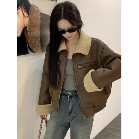 韩版宽松百搭美拉德加绒加厚羊羔毛剪绒皮毛一体pu皮外套机车服 服裝批發女裝批發服飾貨源