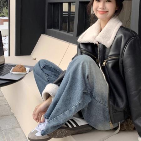 韩版宽松百搭美拉德加绒加厚羊羔毛剪绒皮毛一体pu皮外套机车服 服裝批發女裝批發服飾貨源