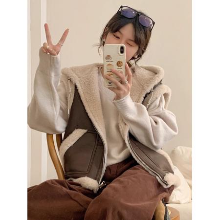 机车马甲短款皮毛一体皮草外套女连帽马夹秋冬羊羔毛背心 服裝批發女裝批發服飾貨源
