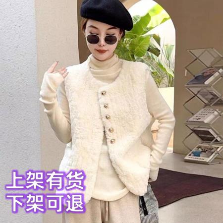 仿羊羔毛马甲短款圆领皮毛一体外穿马夹坎肩秋冬无袖外套 服裝批發女裝批發服飾貨源