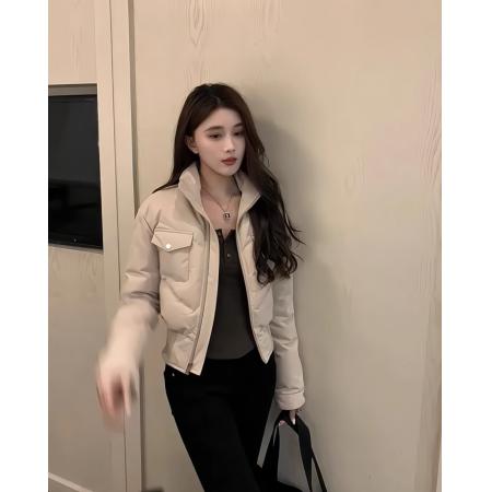 米色羽绒服女秋冬韩系短款收腰立领防风涂层羽绒棉机车外套 服裝批發女裝批發服飾貨源