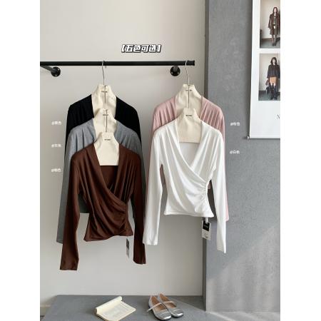 法式气质交叉V领温柔打底衫女秋冬收腰显瘦洋气小衫 服裝批發女裝批發服飾貨源