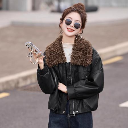 冬季新款可拆卸毛领皮衣外套女短款百搭显瘦洋气加绒加厚夹克 服裝批發女裝批發服飾貨源