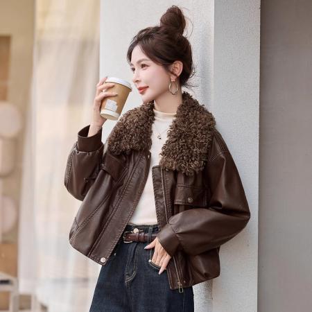 冬季新款可拆卸毛领皮衣外套女短款百搭显瘦洋气加绒加厚夹克 服裝批發女裝批發服飾貨源