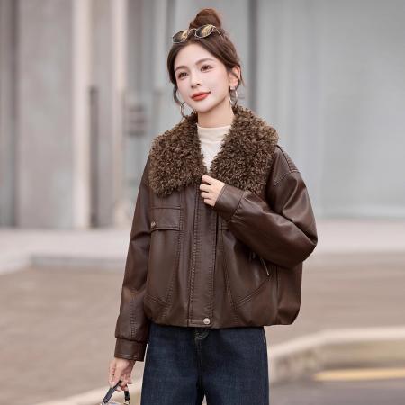 冬季新款可拆卸毛领皮衣外套女短款百搭显瘦洋气加绒加厚夹克 服裝批發女裝批發服飾貨源