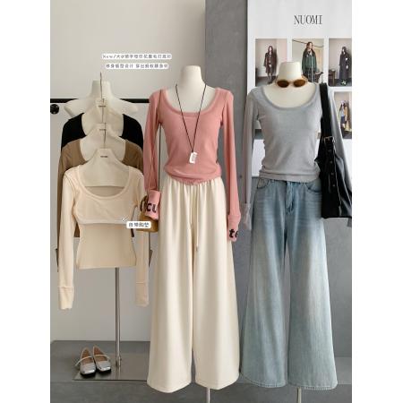 邱肉瑶秋季新款字母印花打底衫纯色修身型显瘦U领内搭长袖T恤女 服裝批發女裝批發服飾貨源