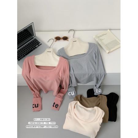 邱肉瑶秋季新款字母印花打底衫纯色修身型显瘦U领内搭长袖T恤女 服裝批發女裝批發服飾貨源